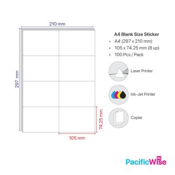 Sticker Label/A4 Simili Sticker Label/Label Pelekat Simili/Labels Sheet Paper/White Sticker (100'S/Pack) 8 Up/105mm x 74.25mm