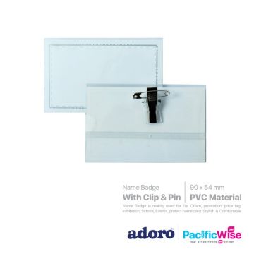 Adoro PVC Name Badge with Clip & Pin – 90×54mm Horizontal ID Holder | Transparent PVC Name Tag / Lencana Nama