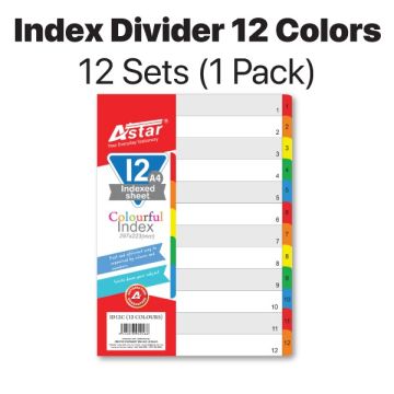 Astar A4 Index Divider 12 Colours Plastic 11-Hole Tabs