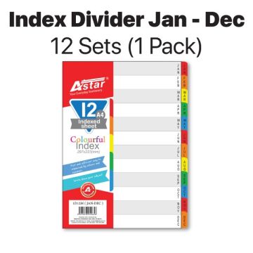 Astar A4 Index Divider Jan-Dec Plastic 11-Hole Tabs