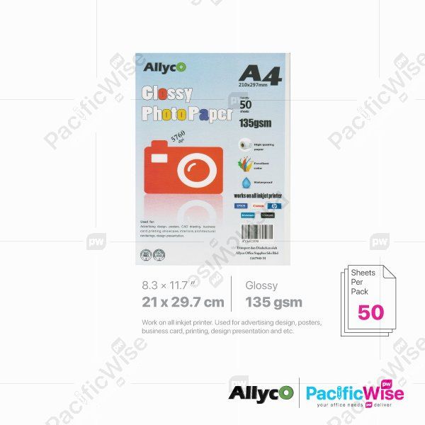 Allyco/A4/Photo Paper Glossy/Kertas Foto Berkilat 135gsm/Photograph (50'S)