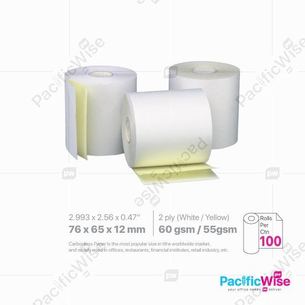 Cash Register Carbonless Paper Rolls/Daftar Tunai Tanpa Karbon/Paper Rolls/76 X 65 X 12mm/(W/Y)/2Ply (100Rolls/Ctn)