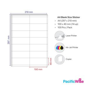Sticker Label/A4 Simili Sticker Label/Label Pelekat Simili/Labels Sheet Paper/White Sticker (100'S/Pack) 14 Up/100mm x 40mm