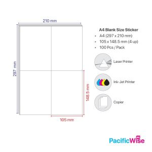 Sticker Label/A4 Simili Sticker Label/Label Pelekat Simili/Labels Sheet Paper/White Sticker (100'S/Pack) 4 Up/105mm x 148.5mm