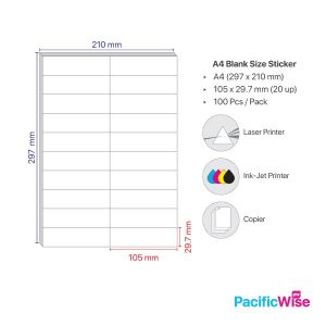 Sticker Label/A4 Simili Sticker Label/Label Pelekat Simili/Labels Sheet Paper/White Sticker (100'S/Pack) 20 Up/105mm x 29.7mm