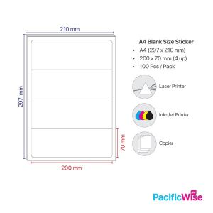 Sticker Label/A4 Simili Sticker Label/Label Pelekat Simili/Labels Sheet Paper/White Sticker (100'S/Pack) 4 Up/200mm x 70mm
