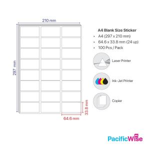 Sticker Label/A4 Simili Sticker Label/Label Pelekat Simili/Labels Sheet Paper/White Sticker (100'S/Pack) 24 Up/64.6mm x 33.8mm