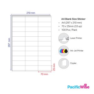 Sticker Label/A4 Simili Sticker Label/Label Pelekat Simili/Labels Sheet Paper/White Sticker (100'S/Pack) 33 Up/70mm x 25mm