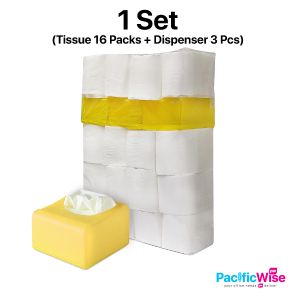 Pop Up Tissue 16 Packs + Dispenser 3 Pcs/Tisu Pop Up (Plastik)/ Tissue Paper Dispenser/2 Ply/100mmx100mm//Plastic (1 Set)