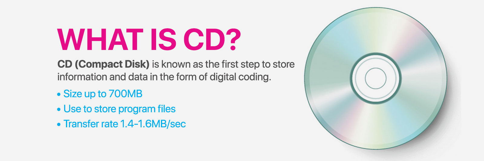 What is CD? CD (Compact Disk) is known as the first step to store information and data in the form of digital coding