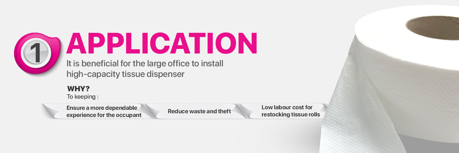 Application - It is beneficial for the large office to install high-capacity tissue dispenser. why to keeping: ensure a more dependable experience for the occupant, reduce waste and theft, low labour cost for restocking tissue rolls.
